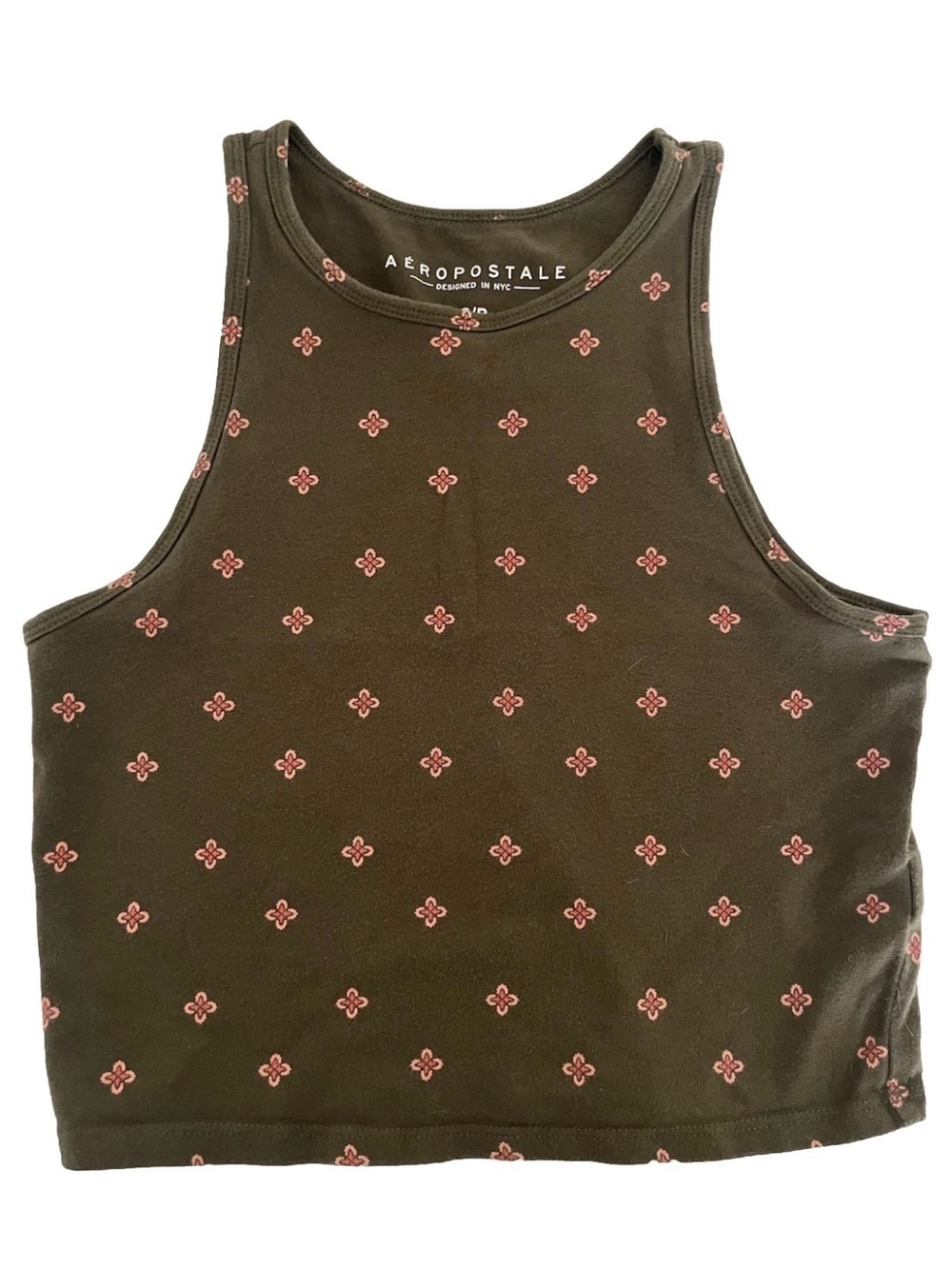 Aeropostale Olive Green Cropped Tank with Pink Micro Floral Print